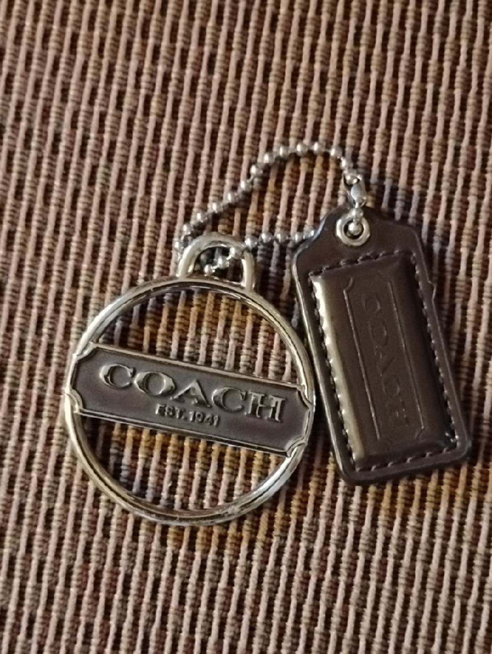 Coach Silver Metal and Brown Leather Tag Key Charm